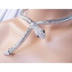 Silver Metal Fashion Clear Rhinestone Snake Choker Necklace Coil Necklace